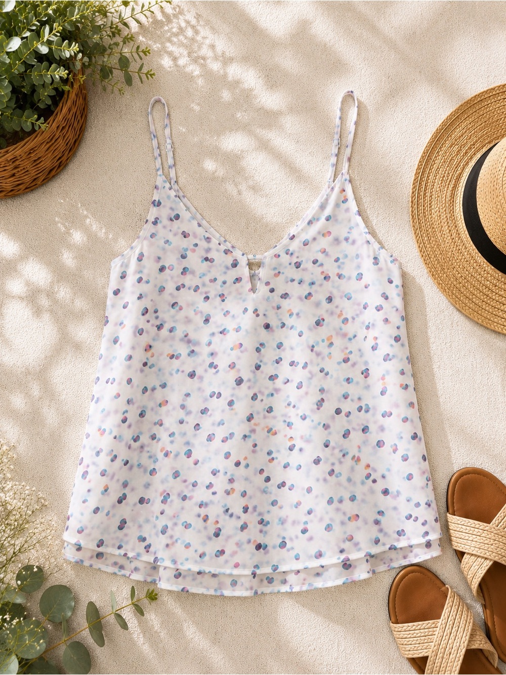 CAbi White V-Neck Cami with Pastel Dot Print